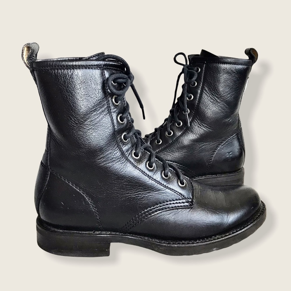 Frye Veronica Combat Black Leather Lace Up Boots - Picture 14 of 16